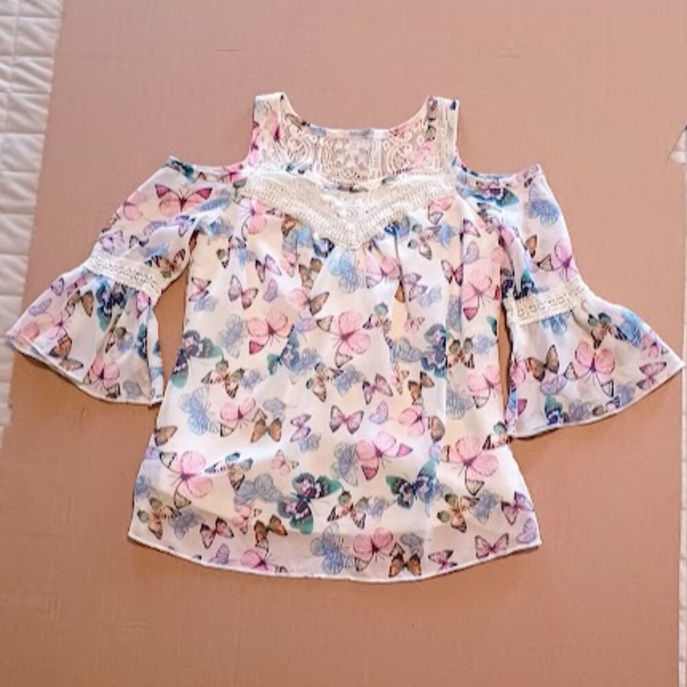 Arizona girls top size M, white w/lace & multi-colored butterflies cold shoulder